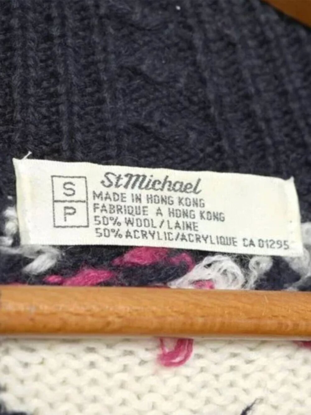 Vintage St Michael Fair Isle Wool Blend Sweater Pullover Navy Blue Pink Small S - Picture 5 of 11
